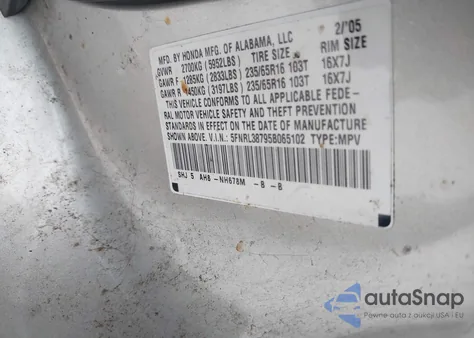 2005 Honda Odyssey Ex-L z USA, uszkodzony, nr VIN 5FNRL38795B065102